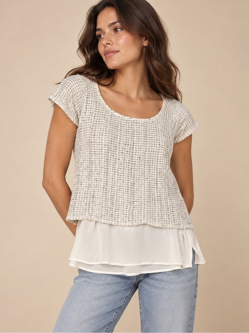 Olivia Moon White Textured Tweed Layered Peplum Blouse L